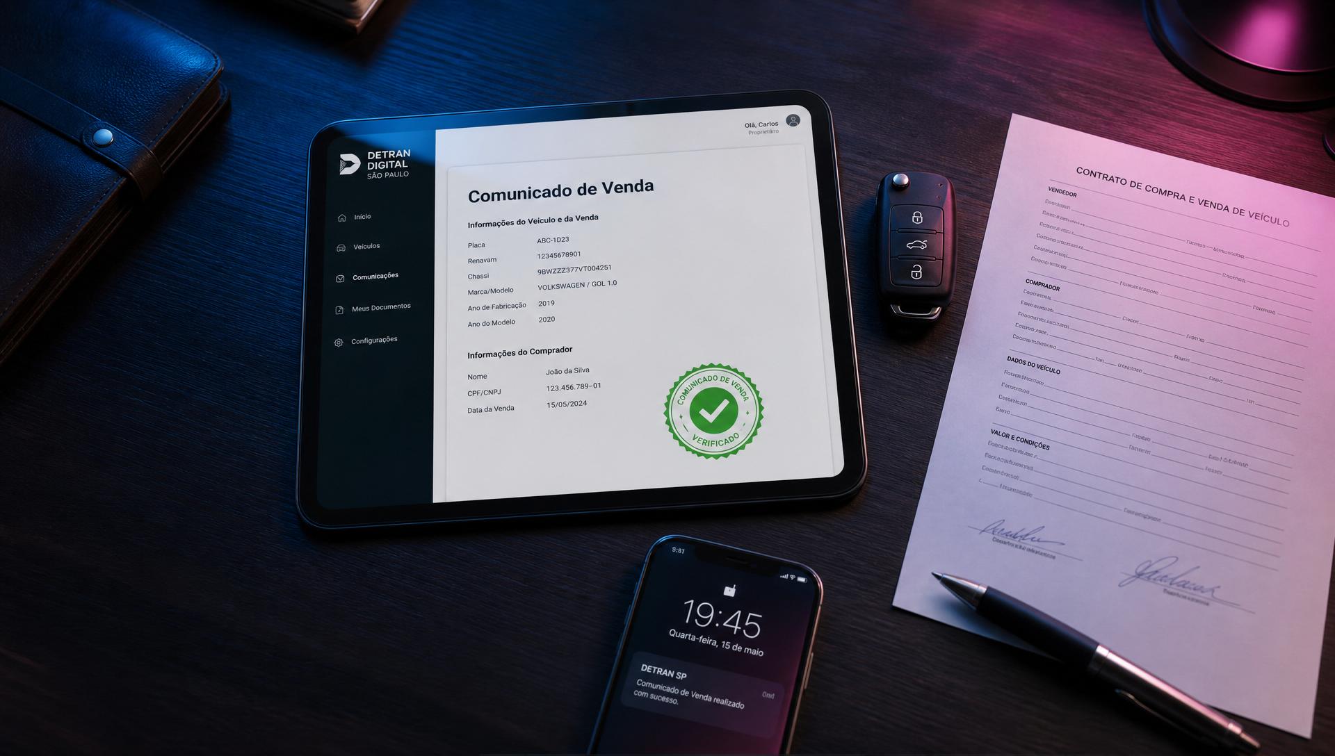 Tablet exibindo Comunicado de Venda verificado em mesa executiva